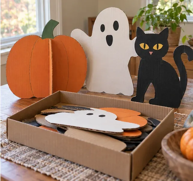 Flat cardboard Halloween pumpkins, a ghost, and a black cat are arranged beside a shallow box for storage.