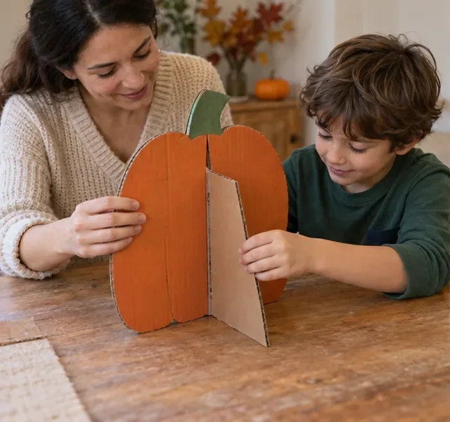 An adult and child fit a broad folded cardboard support behind a large orange pumpkin decoration so it can stand upright.