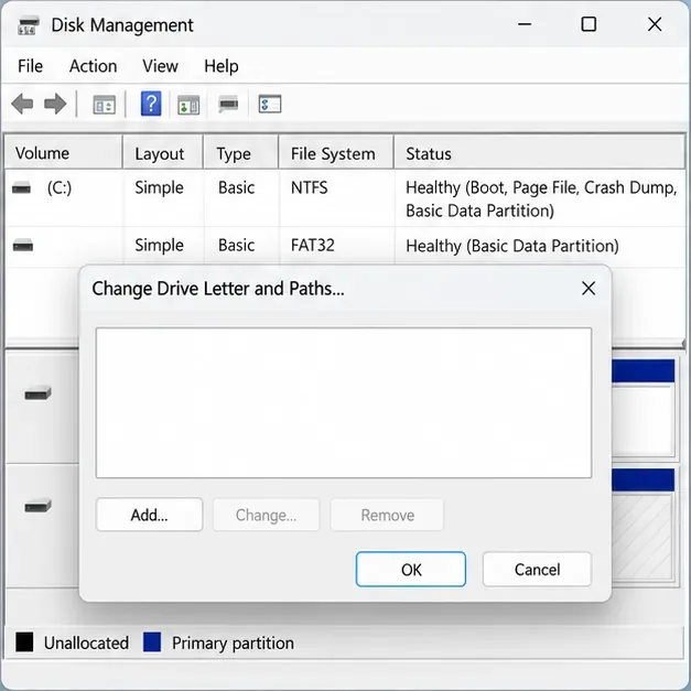 Správa disků systému Windows zobrazí dialogové okno Změnit písmeno jednotky a cesty s ovládacími prvky Přidat, Změnit, Odebrat, OK a Storno.