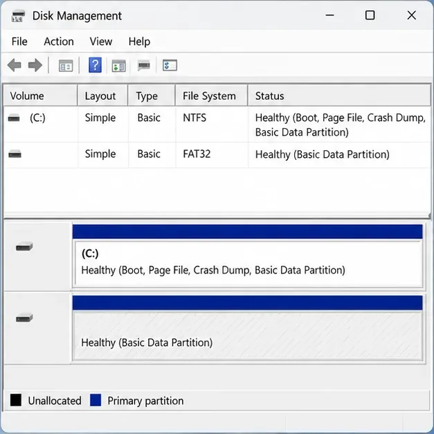 Správa disků systému Windows zobrazuje seznam horních svazků a mapu dolních disků. Obecný vyměnitelný svazek má vzorový stav „V pořádku“ (základní datový oddíl) a žádné písmeno jednotky.