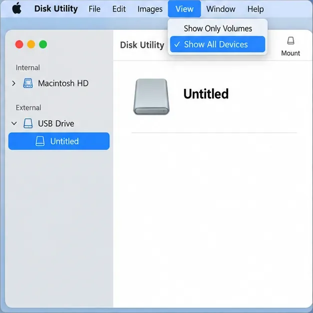 Nástroj Mac Disk Utility zobrazuje v postranním panelu rozbalený externí USB disk, jeho svazek je vybraný, nabídka Zobrazit je otevřená se zaškrtnutou možností Zobrazit všechna zařízení a v panelu nástrojů je ovládací prvek Připojit.