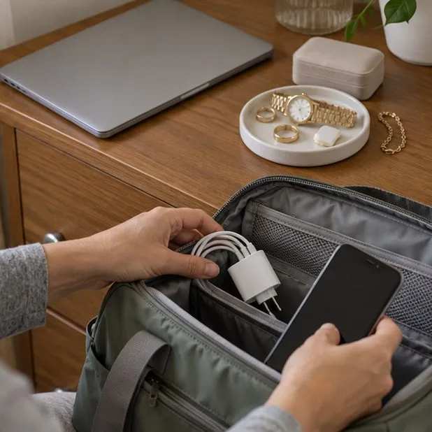 Telefon a nabíjecí kabel jsou sbalené, zatímco šperky a notebook zůstávají doma.