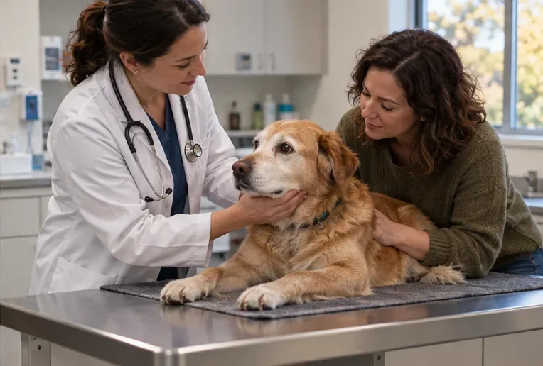 Veterinář jemně vyšetřuje staršího psa, zatímco jeho majitel sedí těsně vedle něj.
